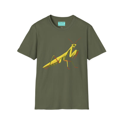Military green t-shirt featuring an illustration of a green praying mantis on the front.