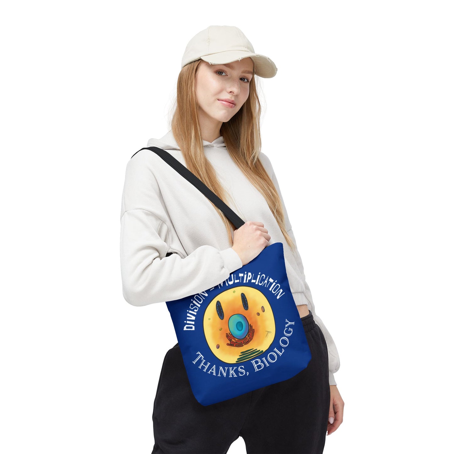 Biology Cell Division Tote Bag, Blue Canvas Bag with Smiley Face Cell, Funny Cell Bio Gift
