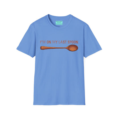 Blue t-shirt with an illustration of a wooden spoon and the phrase 'I'm on my last spoon' printed on the front.