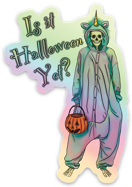 Holographic Halloween Skeleton Sticker, Skeleton in a Unicorn Costume, ‘Is it Halloween yet’ Vinyl Decal