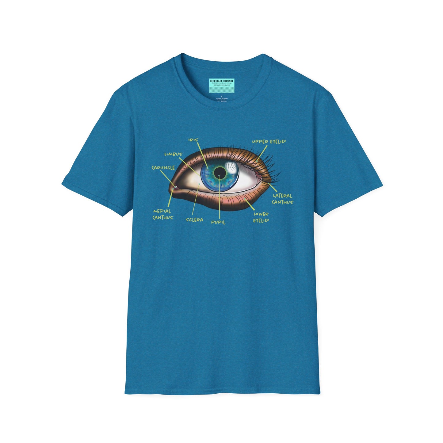 Tropical blue shirt featuring an anatomical diagram of an eye, with labeled parts of the eye displayed.