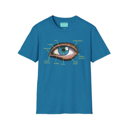 Tropical blue shirt featuring an anatomical diagram of an eye, with labeled parts of the eye displayed.