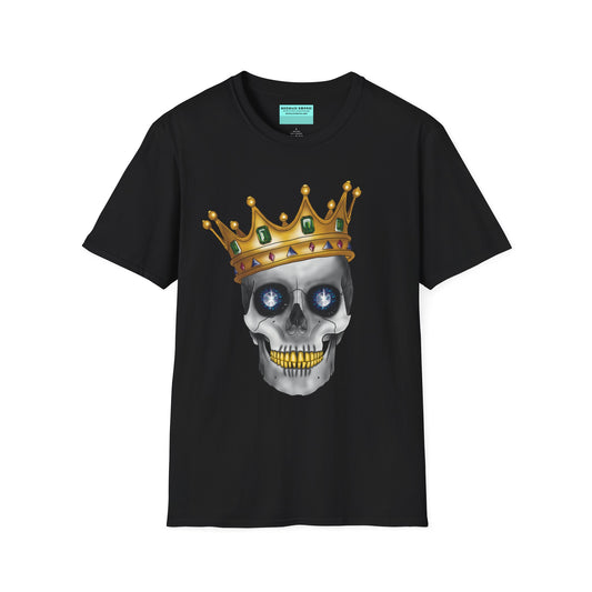 Black t-shirt featuring an anatomical skull wearing an ornate crown, with gold teeth, large sapphire gemstones in the eye sockets, and emeralds and rubies decorating the crown.