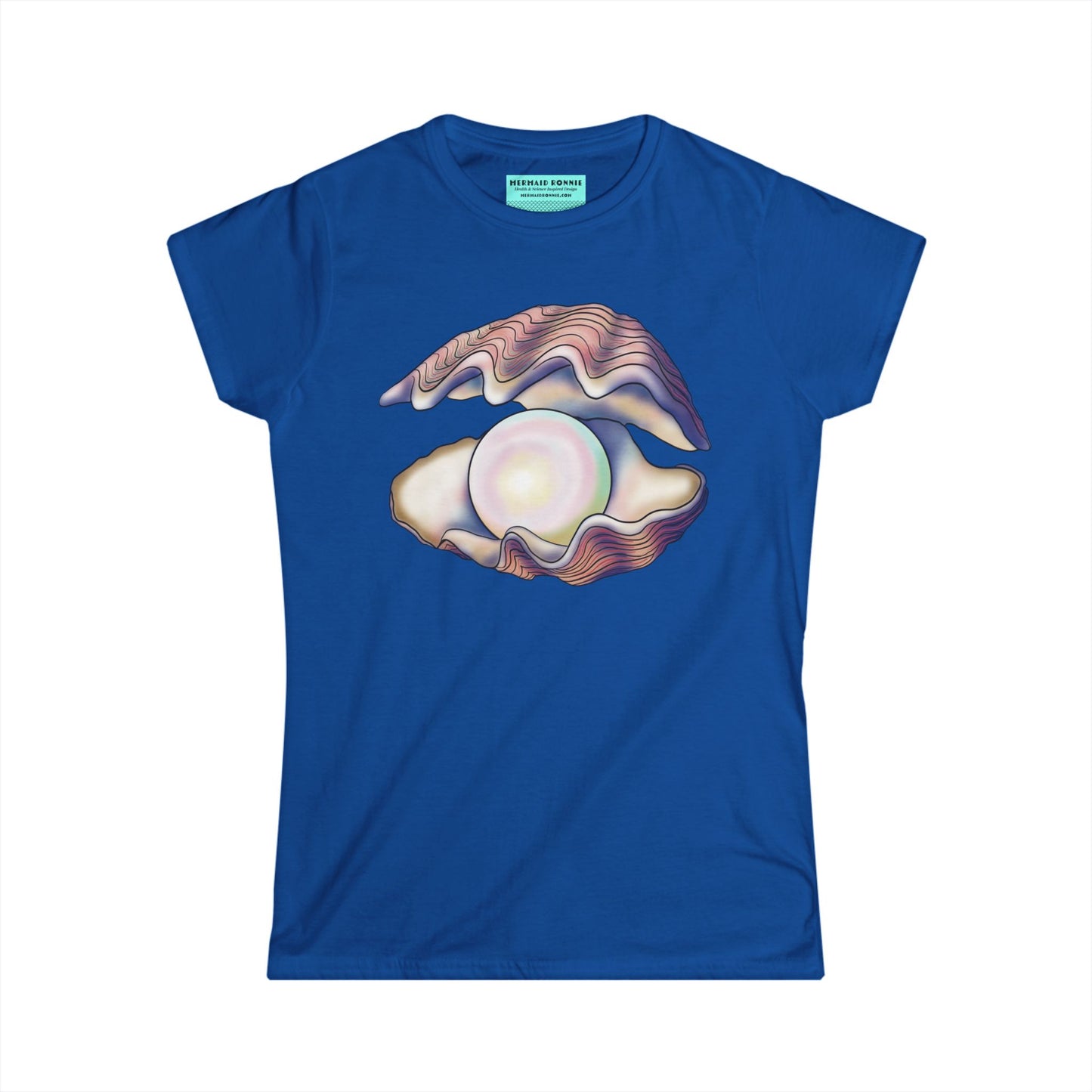 Women’s t-shirt in royal blue featuring an illustration of an open oyster with a large iridescent pearl inside.