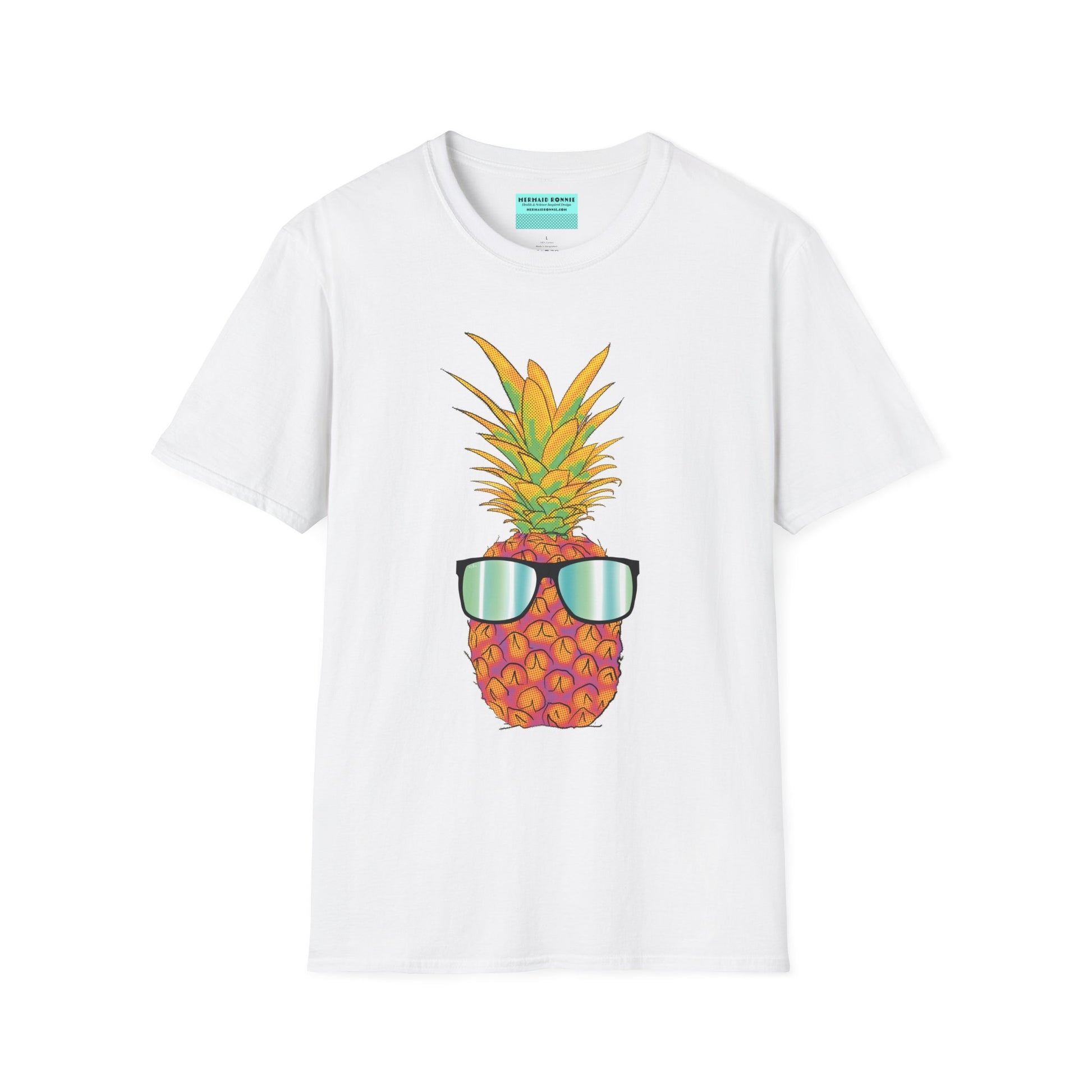White t-shirt featuring a drawing of a pineapple wearing sunglasses.