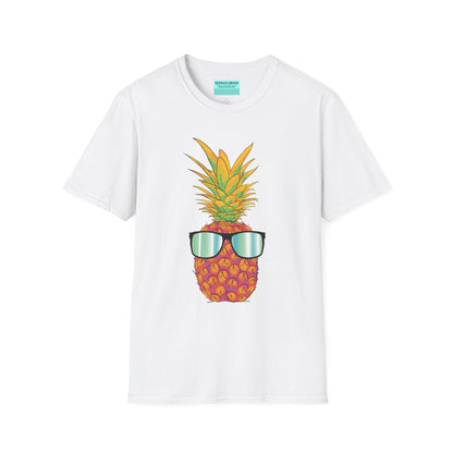 White t-shirt featuring a drawing of a pineapple wearing sunglasses.