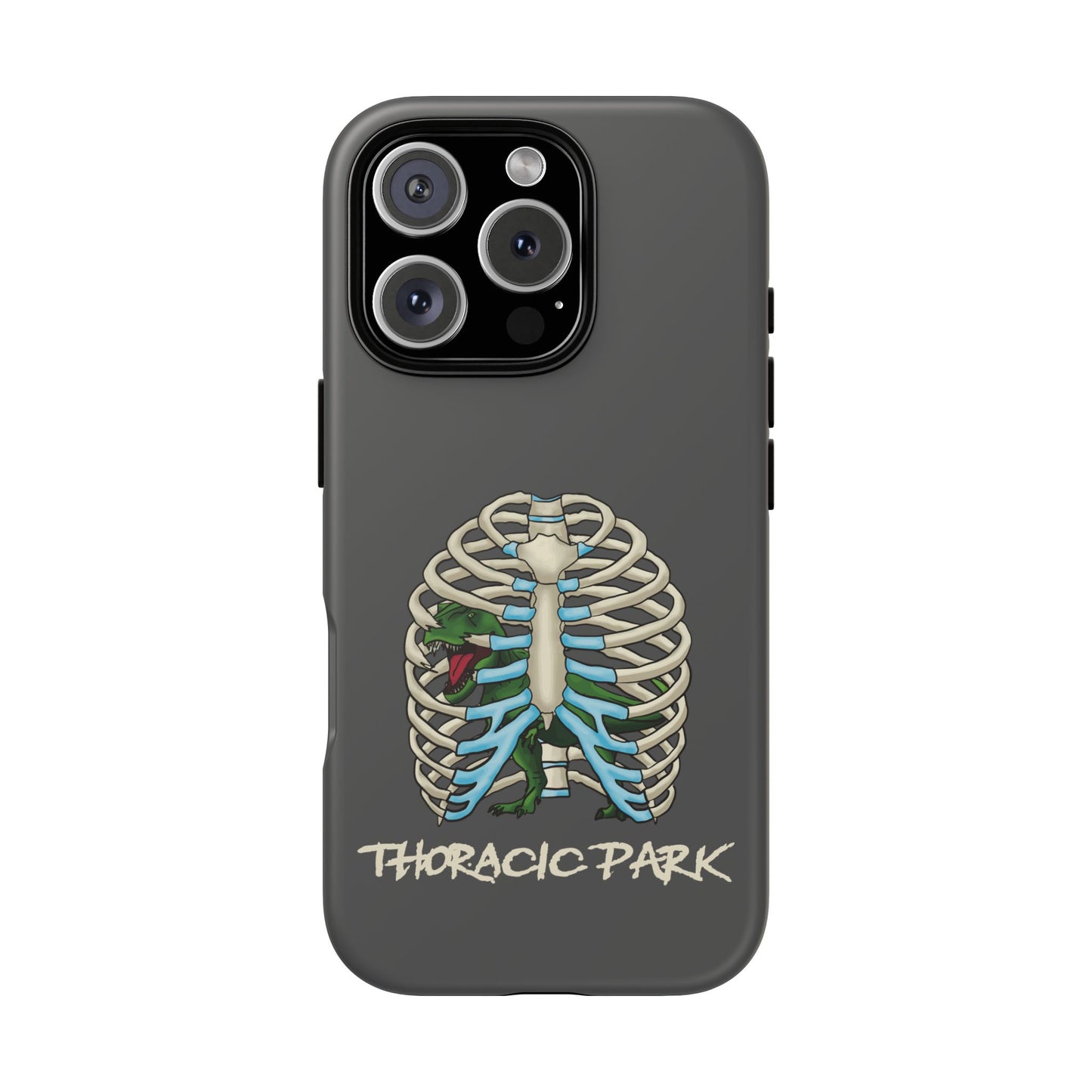 Thoracic Park Phone Case, Dinosaur In Rib Cage Anatomy Pun, Grey Protective Cover for iPhone, Google Pixel, Samsung Galaxy