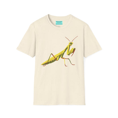 Beige t-shirt featuring an illustration of a green praying mantis on the front.