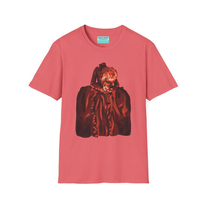 Coral t-shirt featuring an illustration of a headless Marie Antoinette holding her own head in her hands.