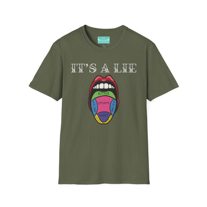 Military green short-sleeve unisex t-shirt featuring a classic tongue taste map with the words “It’s a lie” boldly above it—busting the myth that different parts of your tongue taste different things. Sweet, salty, sour, bitter? Taste buds don’t discriminate!