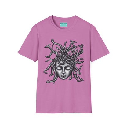 Light purple t-shirt featuring a grayscale drawing of Medusa.