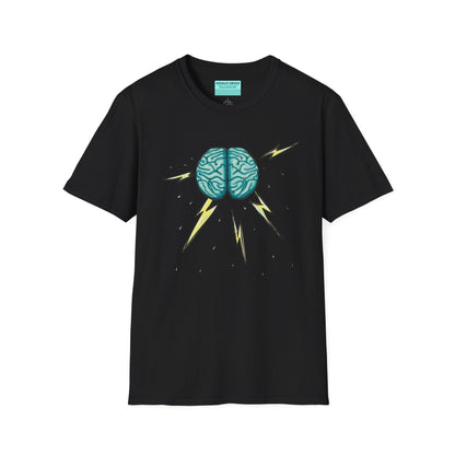 Black unisex short sleeve tee featuring an illustration of a brain with lightning bolts and rain pouring from it, giving a literal twist to the term "brainstorm"—because sometimes, even the best ideas need a little weathering!