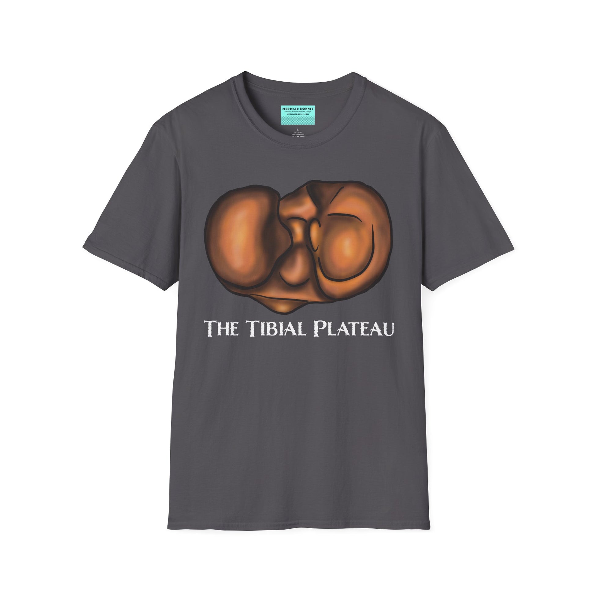 Charcoal grey unisex short sleeve tee featuring a clever anatomical illustration of the tibial plateau, reimagined as a landscape with rolling hills—because who knew the tibia could be so scenic?