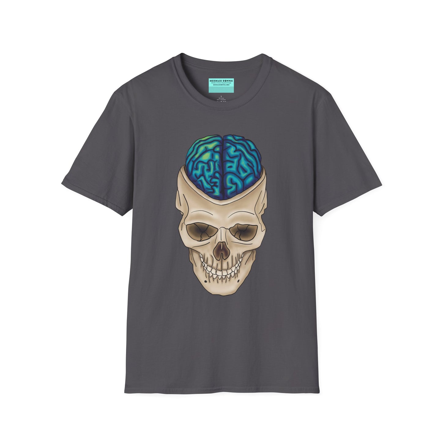 Grey t-shirt featuring a drawing of an anatomical skull, with a brain emerging from the top.