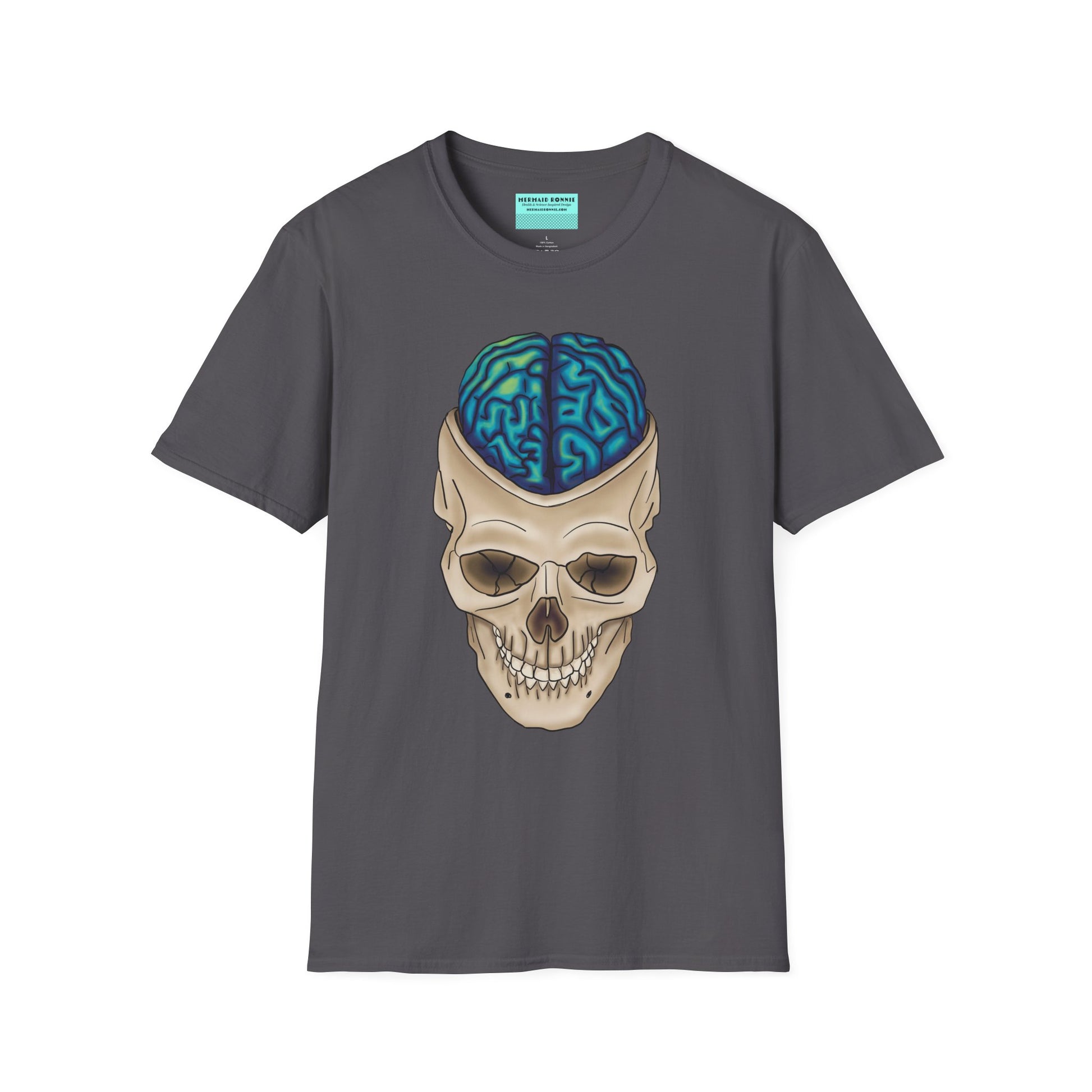 Grey t-shirt featuring a drawing of an anatomical skull, with a brain emerging from the top.
