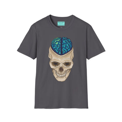 Grey t-shirt featuring a drawing of an anatomical skull, with a brain emerging from the top.