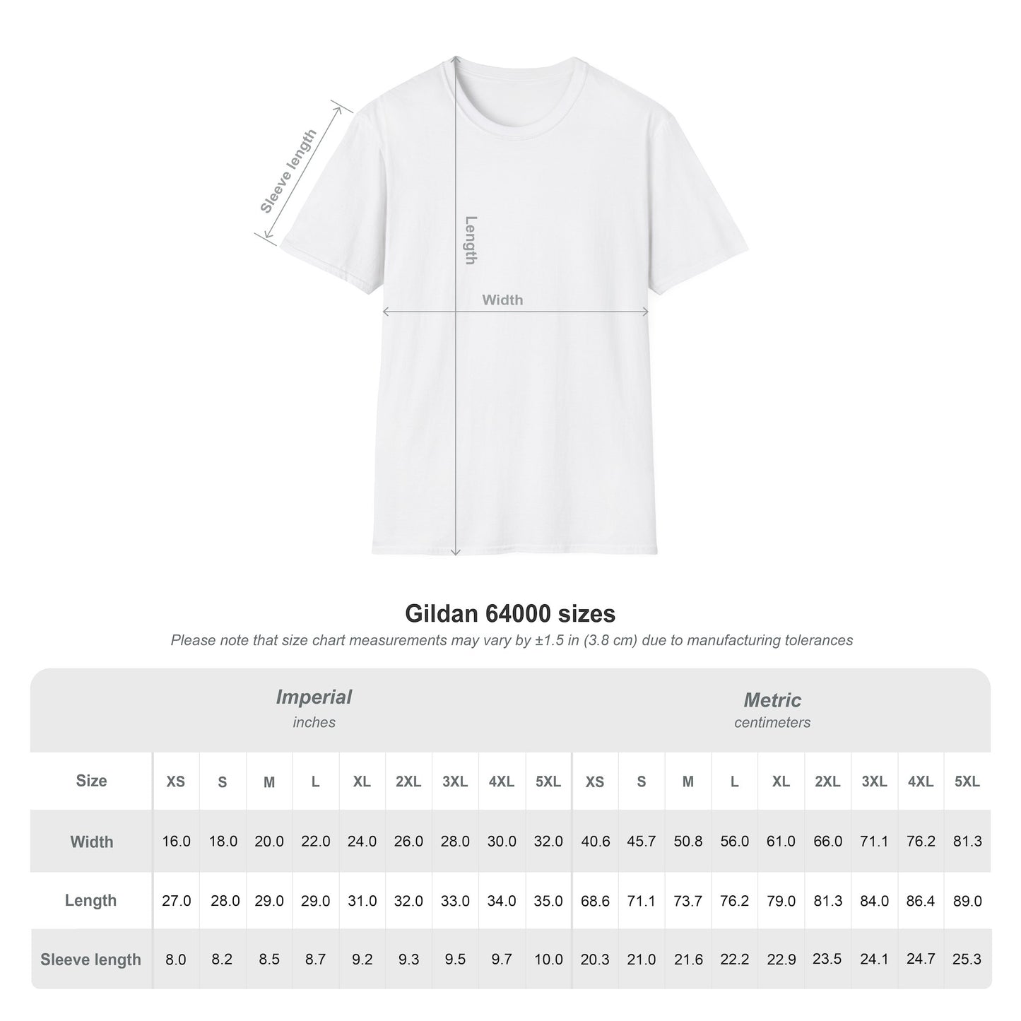 Gildan 64000 T-Shirt size chart