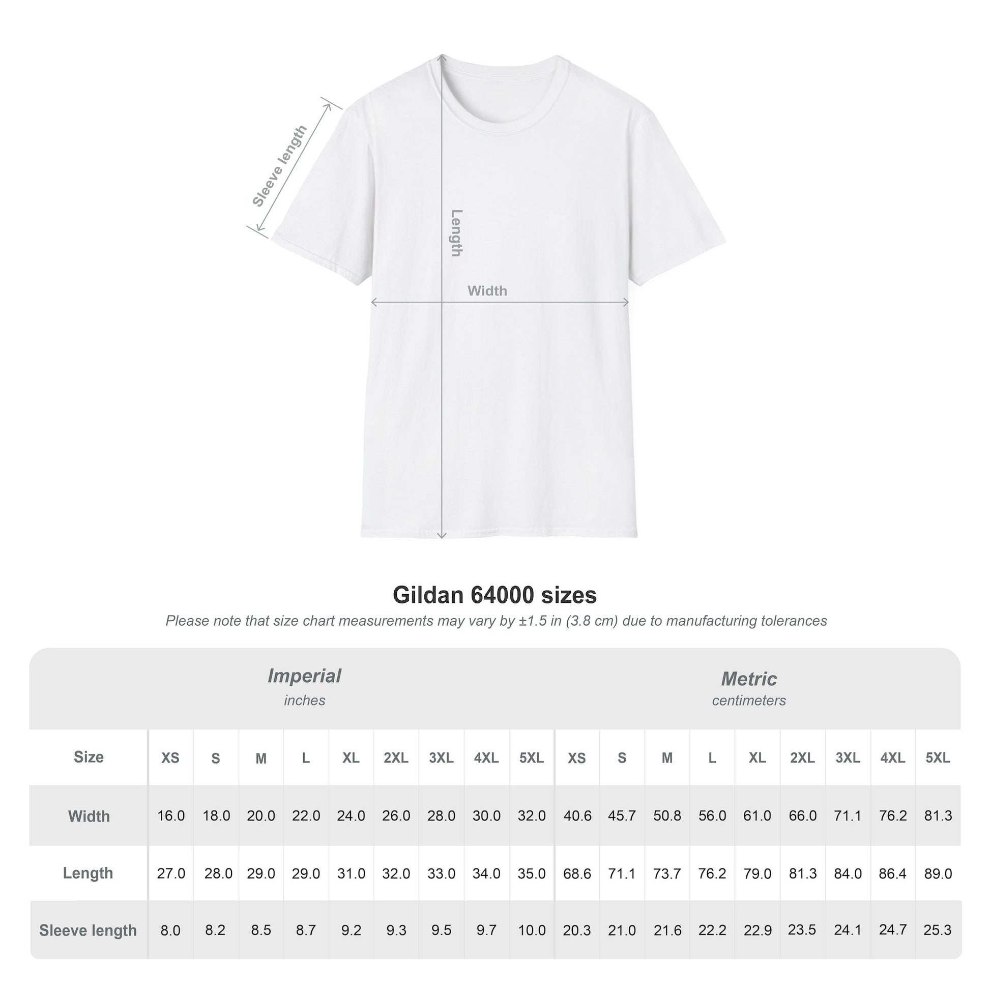 Gildan 64000 T-Shirt size chart