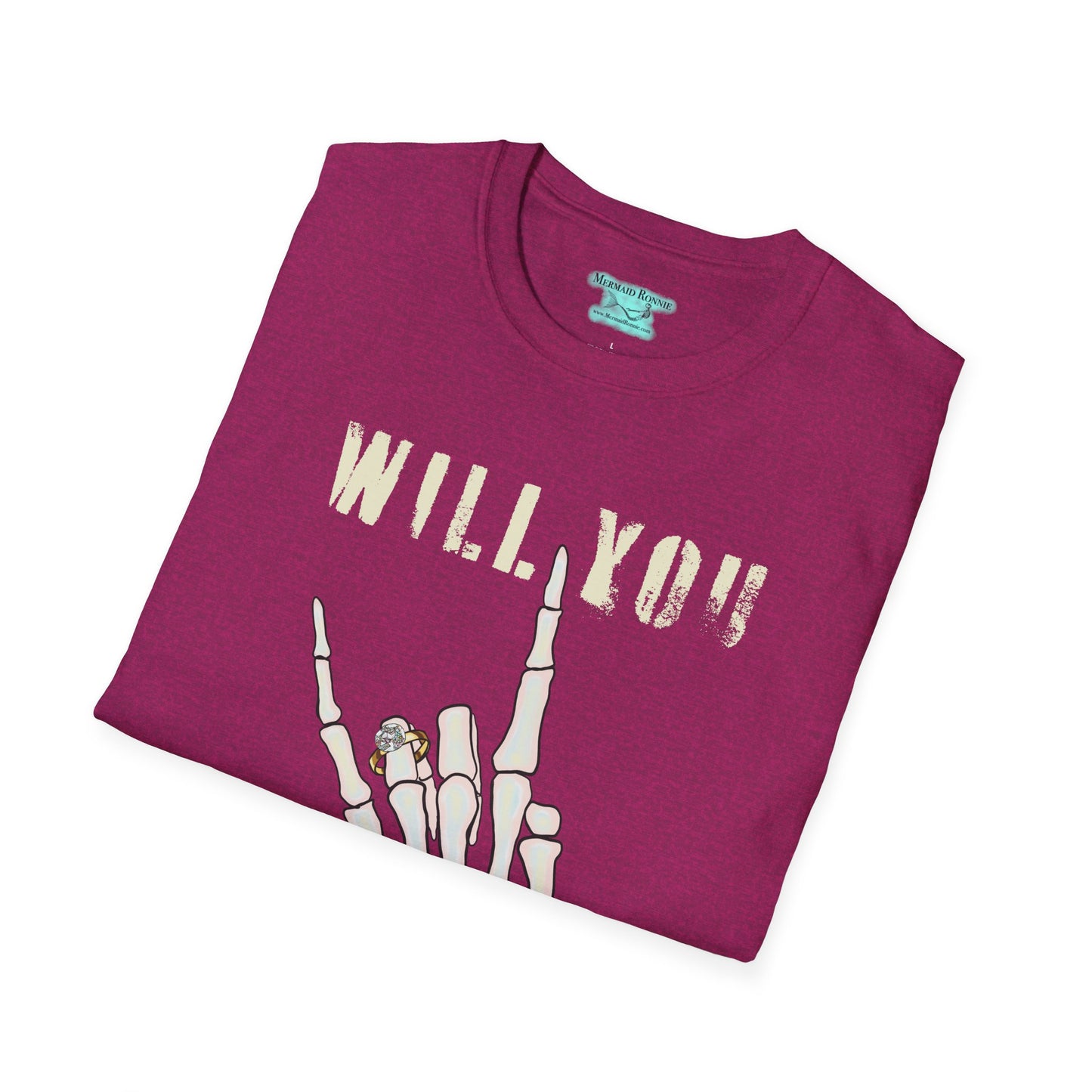 Will You Marry Me T-Shirt, Skeleton Rock and Roll Symbol, Unisex Wedding Proposal Tee