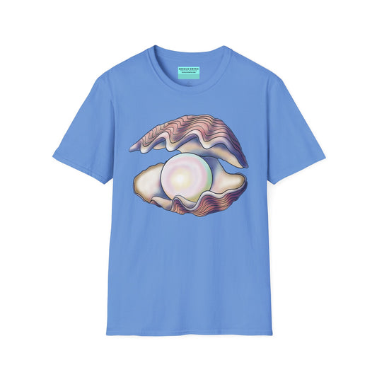 Blue t-shirt featuring an illustration of a large oyster with a luminescent pearl inside.