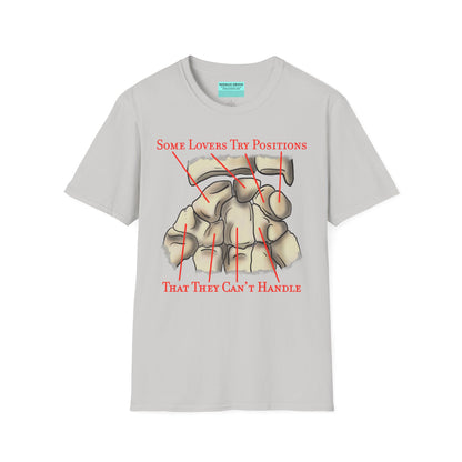 Grey t-shirt featuring an anatomical drawing of the carpal bones, with the mnemonic 'Some lovers try positions that they can't handle' displayed.