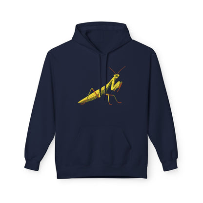 A navy unisex pullover hoodie featuring a striking illustration of a yellow and green praying mantis—because sometimes, you need to channel your inner insect warrior while staying cozy.