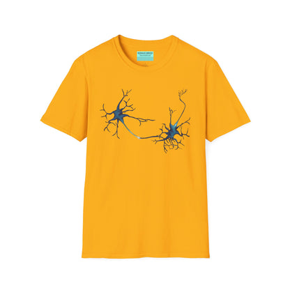 Yellow t-shirt featuring an illustration of two blue neurons extending toward each other and forming a synapse across the front.