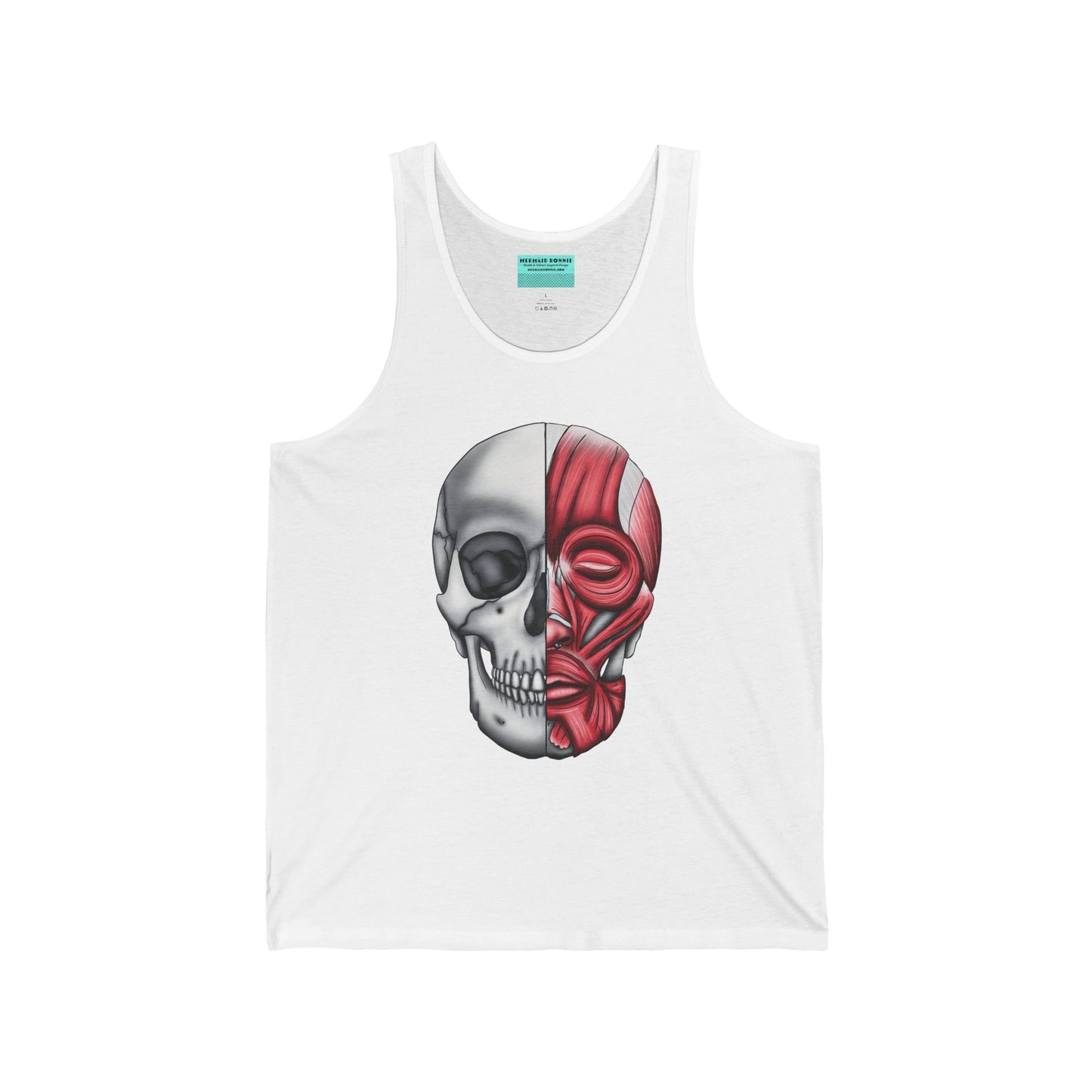 A white unisex adult tank top with a detailed anatomical skull, half showing the bones and the other half revealing the facial muscles—because who doesn’t want to wear a little “muscle” with their style?