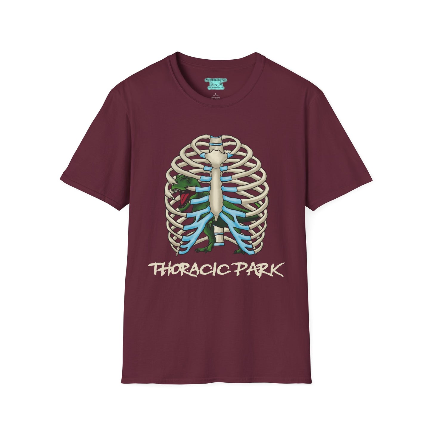 Thoracic Park T-Shirt, T-Rex Dinosaur in Rib Cage Graphic Tee, Unisex Short Sleeve