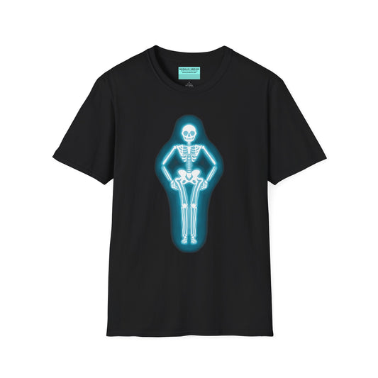 Black t-shirt featuring an illustration of a glowing neon sign in the shape of a skeleton.