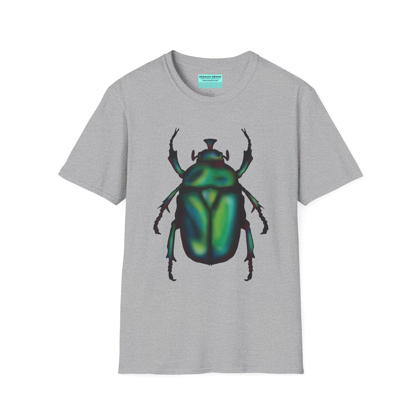 Grey t-shirt featuring an illustration of a June bug (green chafer beetle) across the chest.