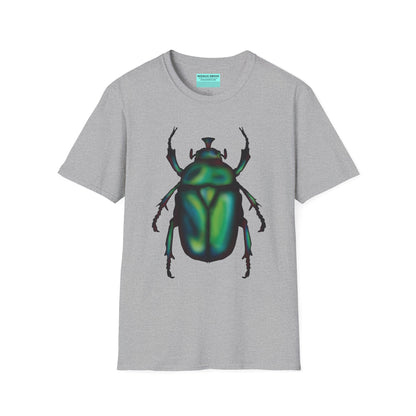 Grey t-shirt featuring an illustration of a June bug (green chafer beetle) across the chest.