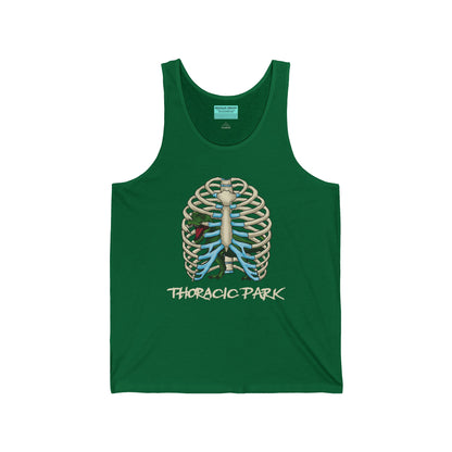 A green unisex tank top featuring a ribcage with a T-Rex inside, and the punny text "Thoracic Park"—perfect for fans of both dino-sized humor and anatomy!