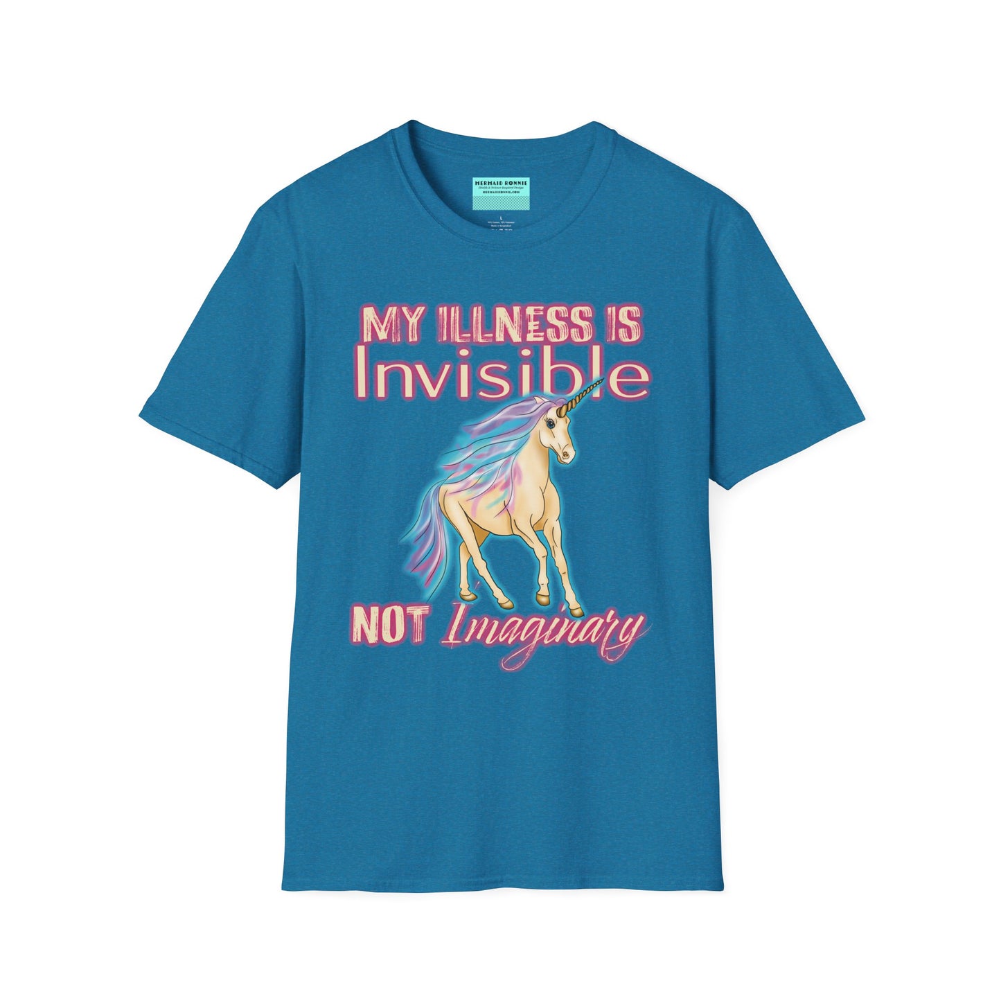 Tropical blue shirt featuring a drawing of a unicorn and the phrase 'My illness is invisible not imaginary'.