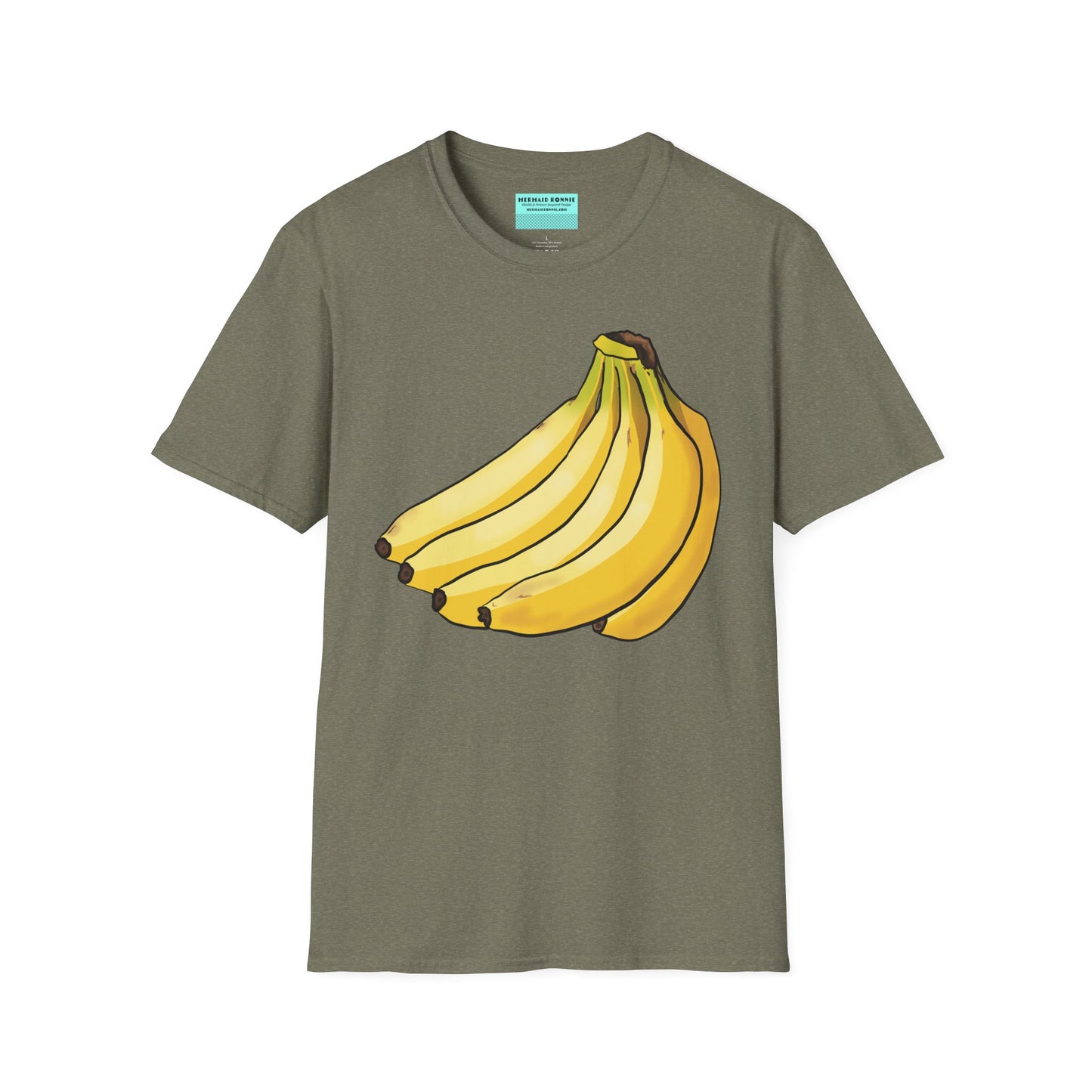 Military green t-shirt featuring an illustration of a bunch of bananas.