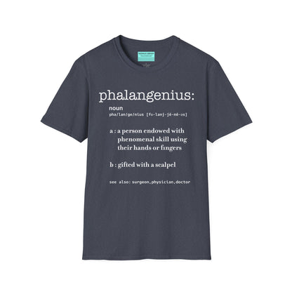 Dark grey t-shirt featuring a dictionary-style definition of the term 'Phalangenius,' a humorous play on the terms 'phalange' and 'genius,' aimed at surgeons.