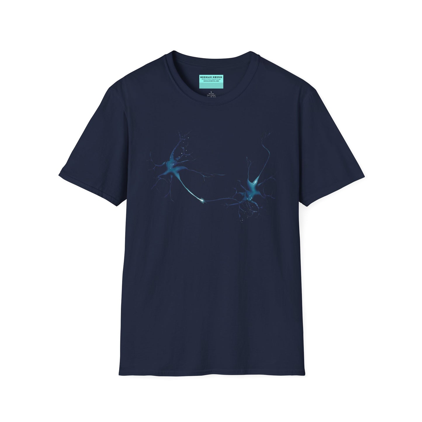 Navy t-shirt featuring an illustration of two blue neurons extending toward each other and forming a synapse across the front.
