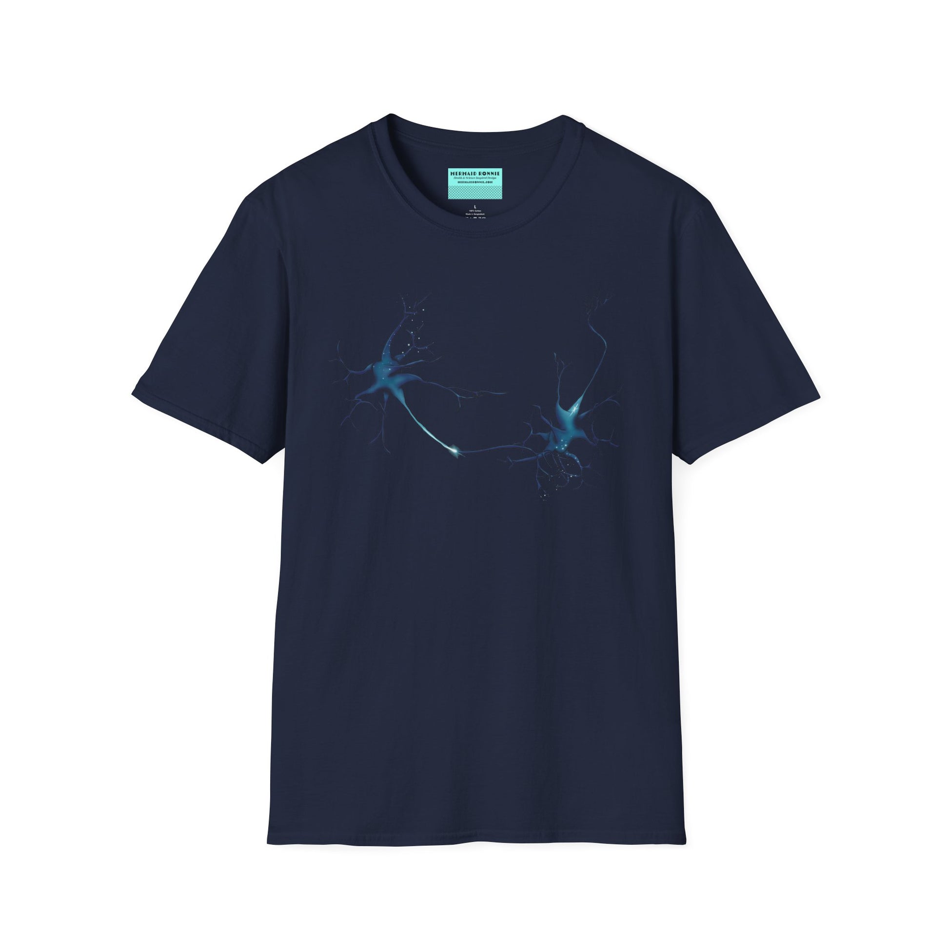 Navy t-shirt featuring an illustration of two blue neurons extending toward each other and forming a synapse across the front.
