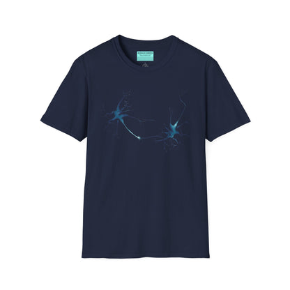 Navy t-shirt featuring an illustration of two blue neurons extending toward each other and forming a synapse across the front.
