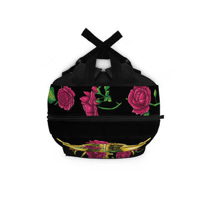 Gothic Skeleton Backpack, Gold Skeleton With Pink Roses, Black Book Bag, Anatomy Backpack