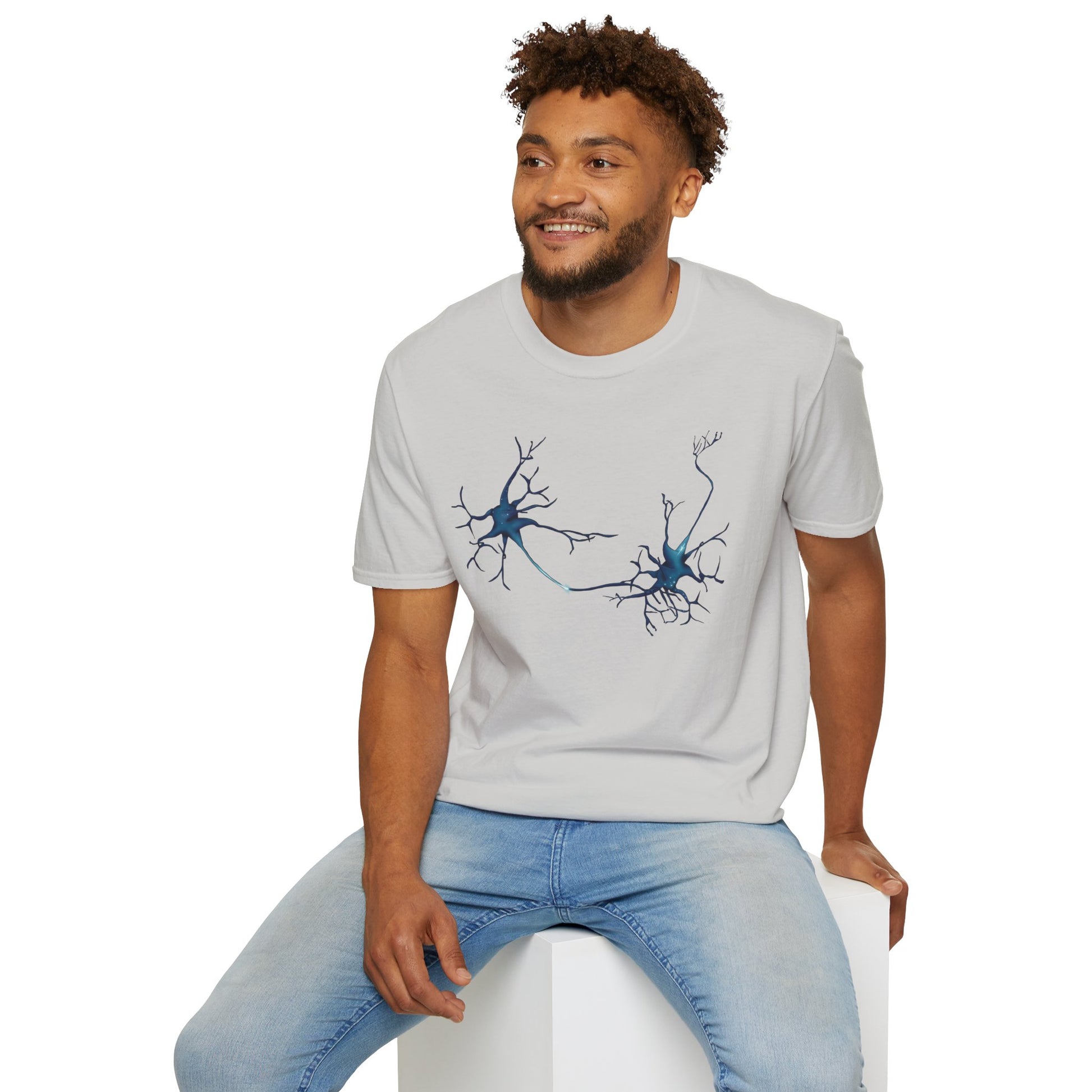 Man wearing a grey t-shirt featuring an illustration of two blue neurons extending toward each other and forming a synapse across the front.