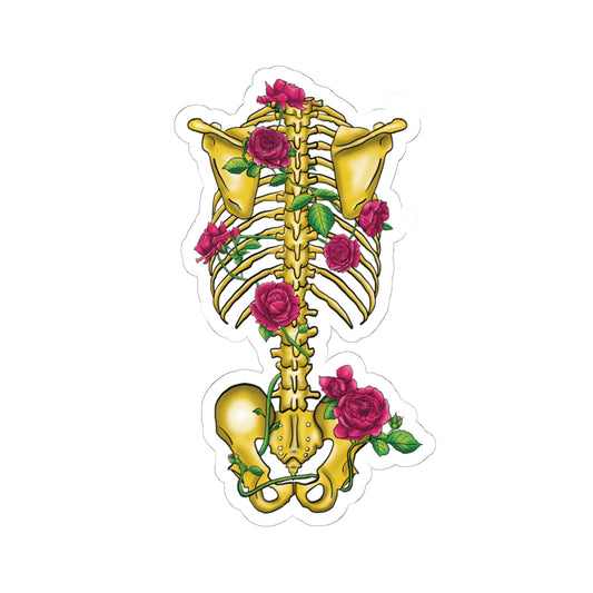 Gold Skeleton with Pink Roses Sticker, Gothic Skeleton Vinyl Decal, Skeletal Anatomy Sticker