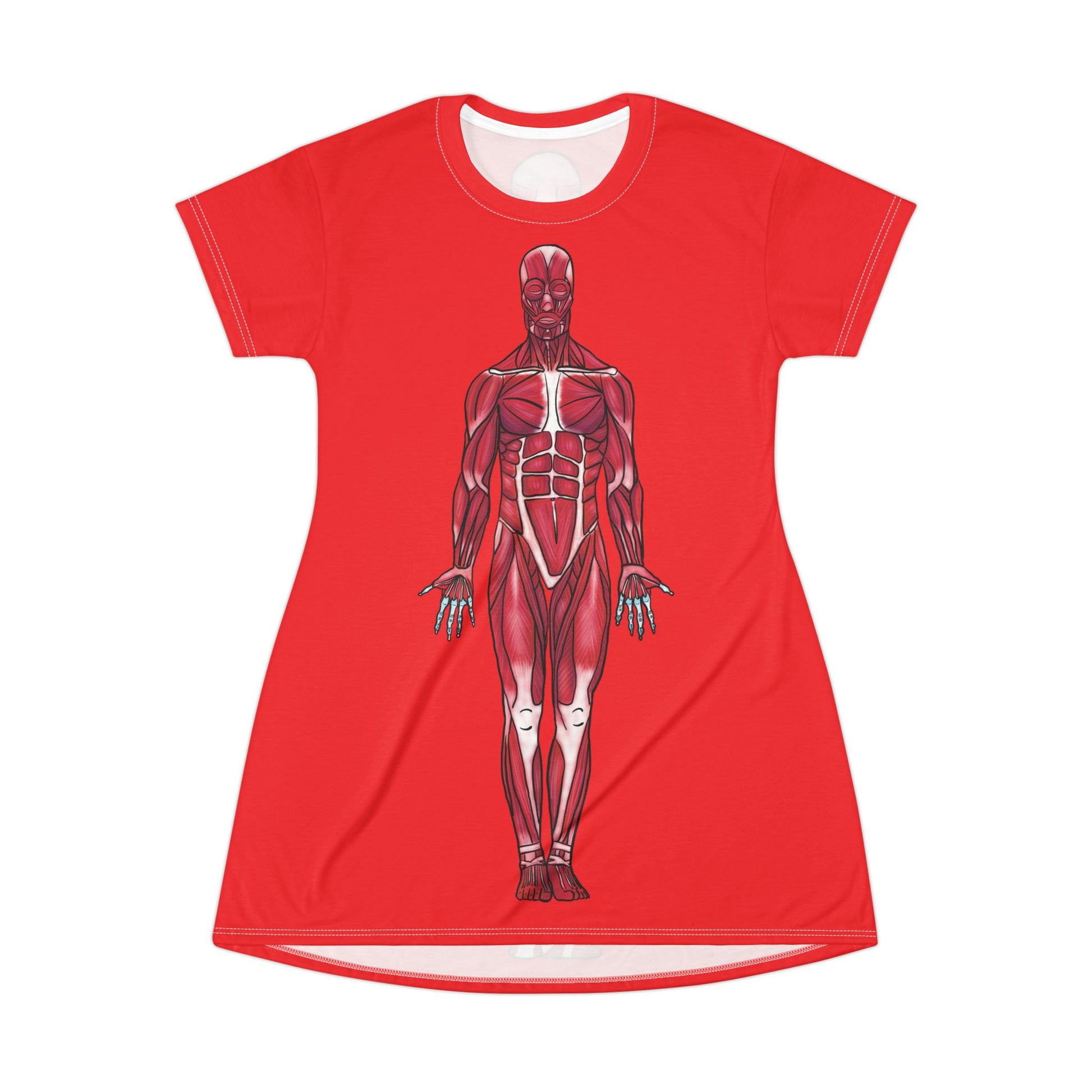 Red t-shirt dress flaunting fierce anatomy—features an anterior muscular system diagram front and center, because who needs armor when your muscles are this on point?