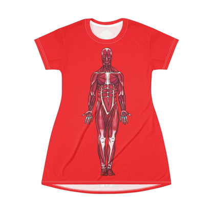Red t-shirt dress flaunting fierce anatomy—features an anterior muscular system diagram front and center, because who needs armor when your muscles are this on point?