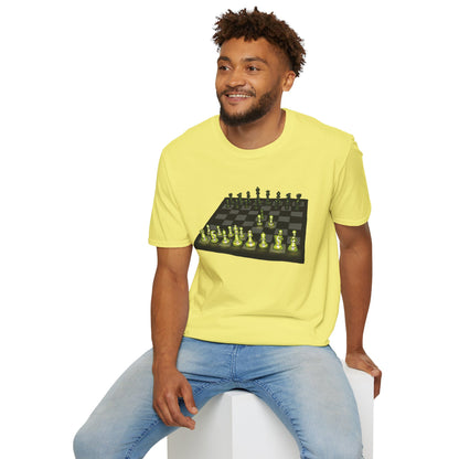 Man wearing a yellow unisex short-sleeve t-shirt featuring an electrifying chess board with glowing pieces mid–Queen’s Gambit, because nothing says “checkmate” like opening with flair and a radiant strategy.
