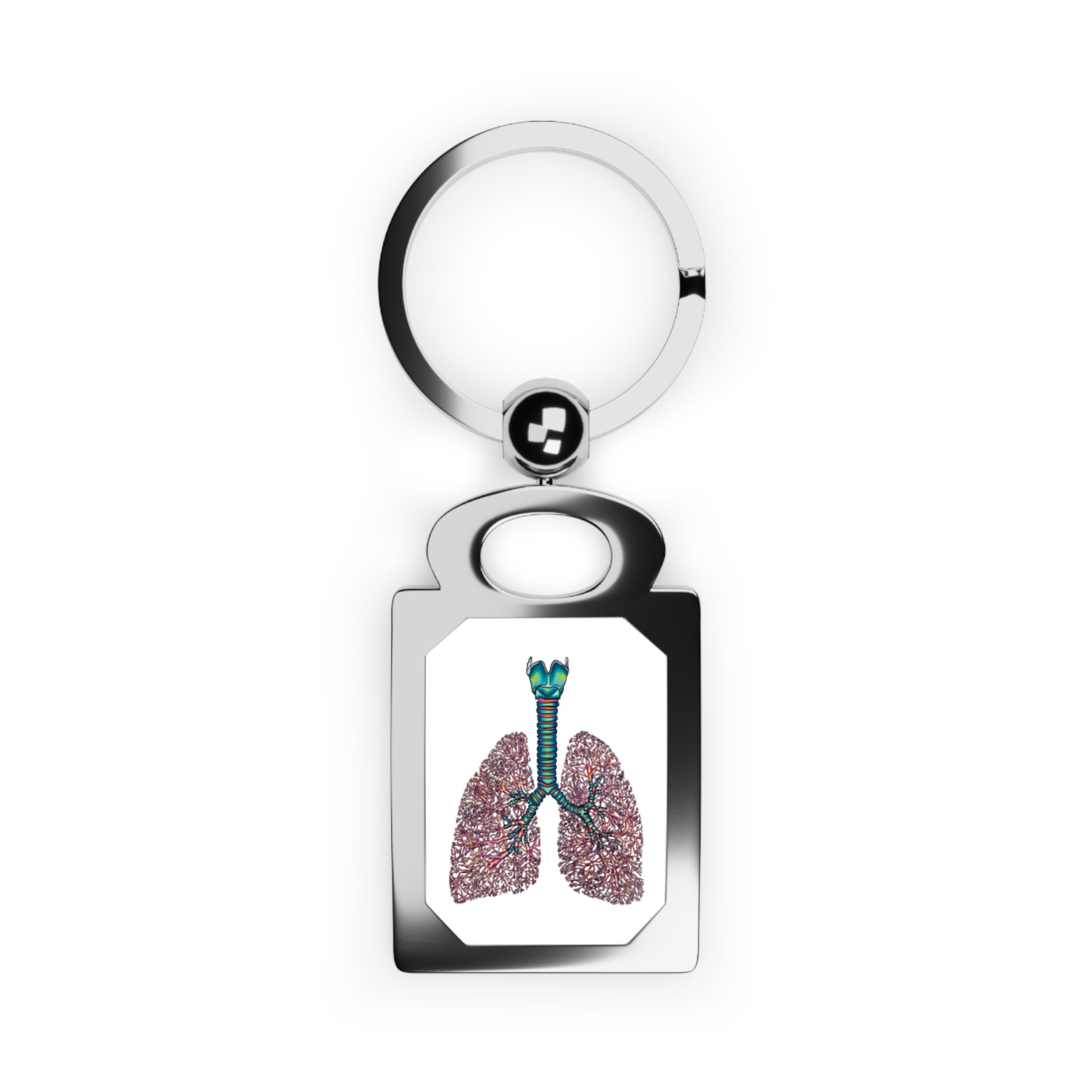 Rectangular silver frame keychain featuring a detailed anatomical drawing of lungs, including the bronchial tree, trachea, and larynx, set against a white background.
