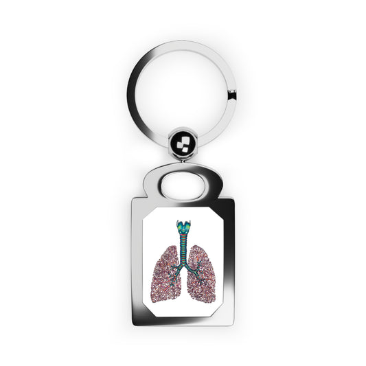 Rectangular silver frame keychain featuring a detailed anatomical drawing of lungs, including the bronchial tree, trachea, and larynx, set against a white background.