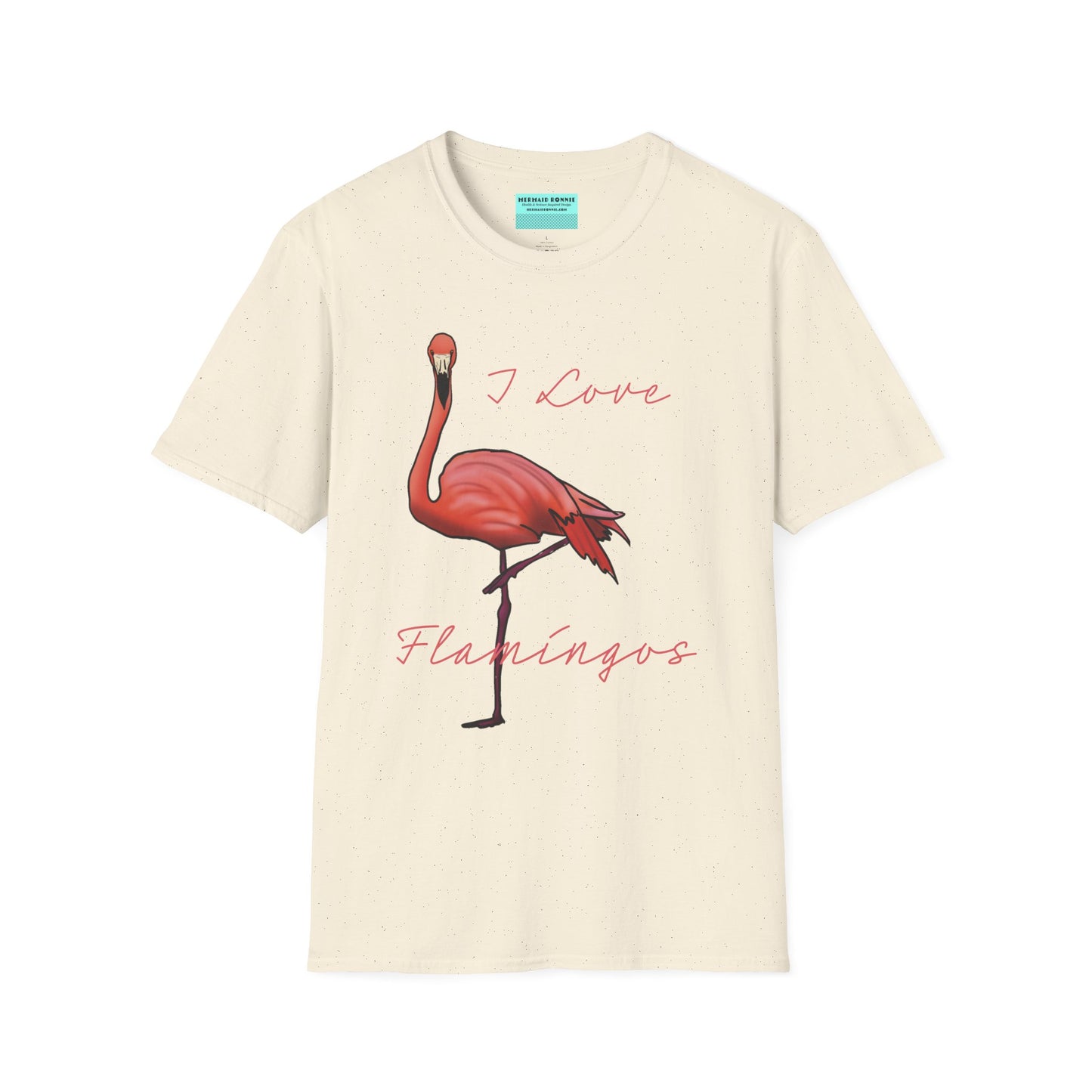 Beige unisex short-sleeve tee with a fabulously pink flamingo strutting its stuff and the words “I love flamingos” — for anyone whose spirit animal stands on one leg.