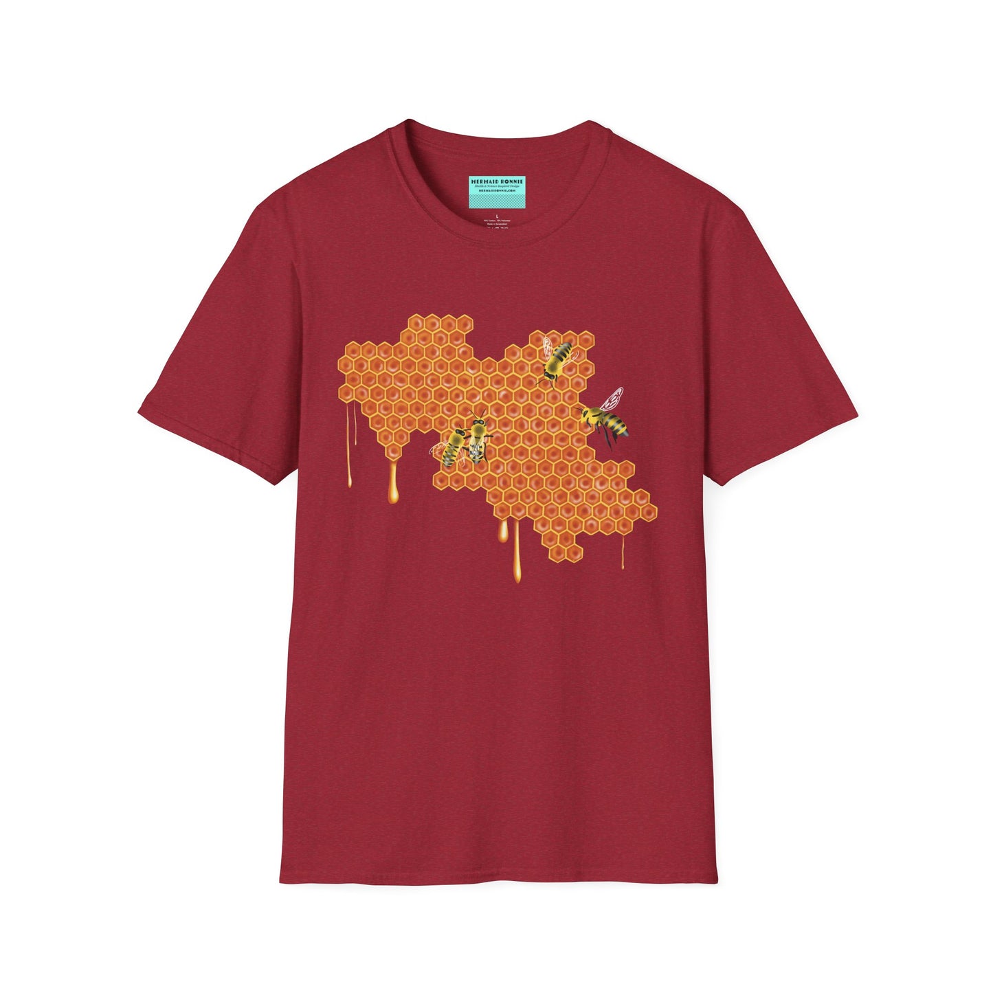 Red t-shirt featuring a picture of honeybees buzzing around a large piece of honeycomb with honey dripping down from it.