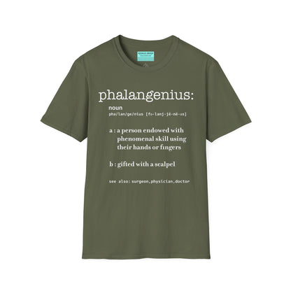 Military green t-shirt featuring a dictionary-style definition of the term 'Phalangenius,' a humorous play on the terms 'phalange' and 'genius,' aimed at surgeons.
